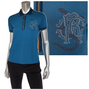 ROBERTO CAVALLI POLO T-SHIRT LOGO EMBROIDERY BLUE COTTON TOP sz IT 42 US 6